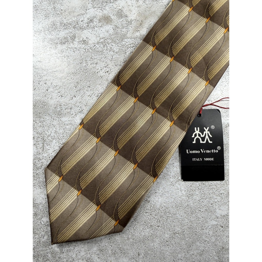 Uomo Venetto 100% Silk Tie Mens One Size Brown Geometric Pointed Necktie